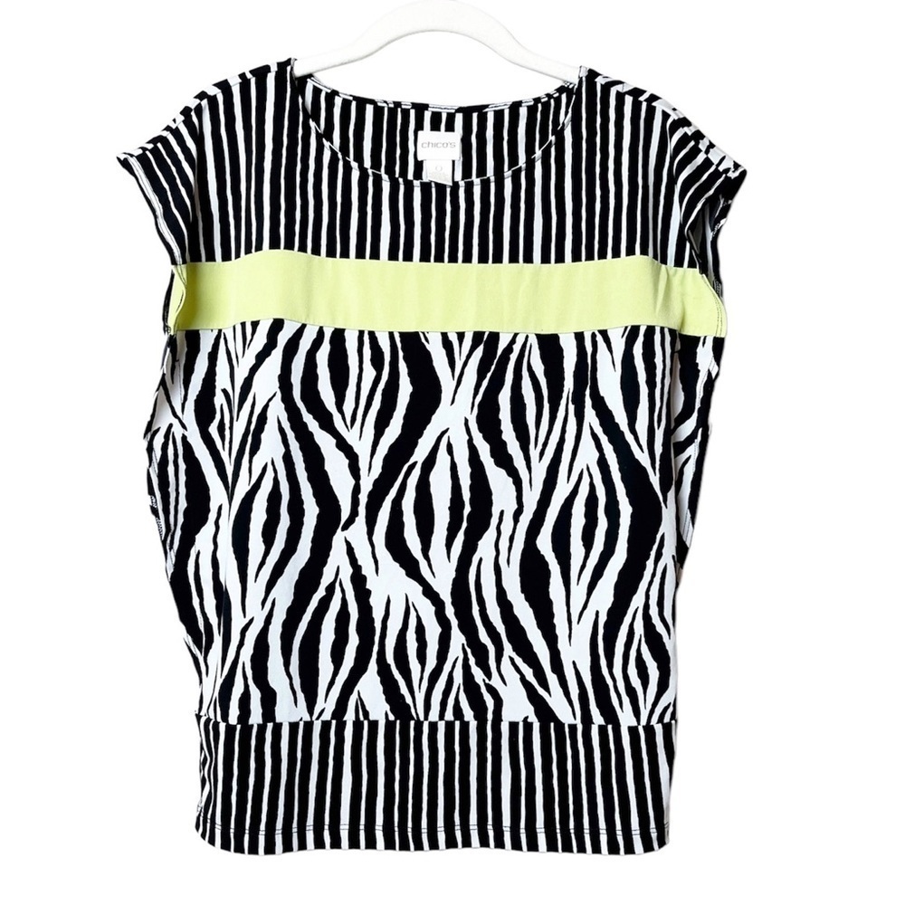 Chico’s zebra stripe top blouse lightweight short flutter sleeve casual‎ neon